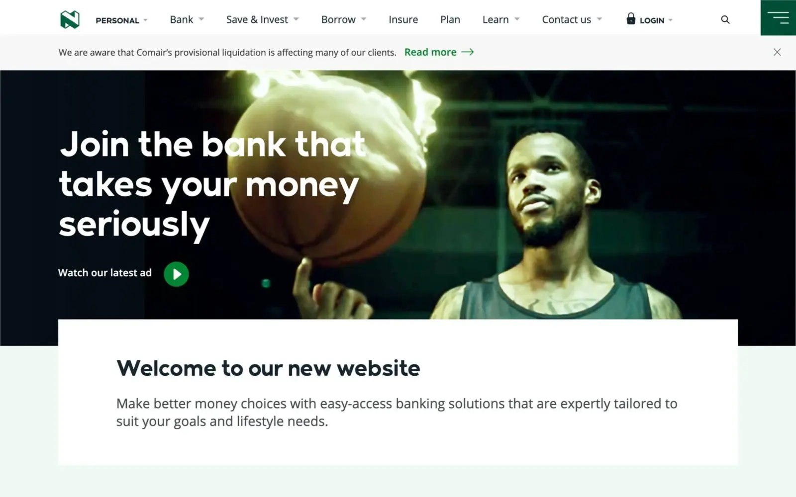 The shipped personal.nedbank.co.za homepage above the fold: full navigation, the "Join the bank that takes your money seriously" campaign hero, and the welcome card beneath it.