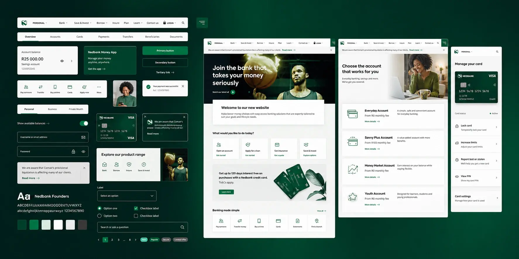 The design system carried through to real journeys on personal.nedbank.co.za: the homepage hero, the everyday-banking account picker, and the manage-your-card panel, all built from the same components, tokens and green brand palette.