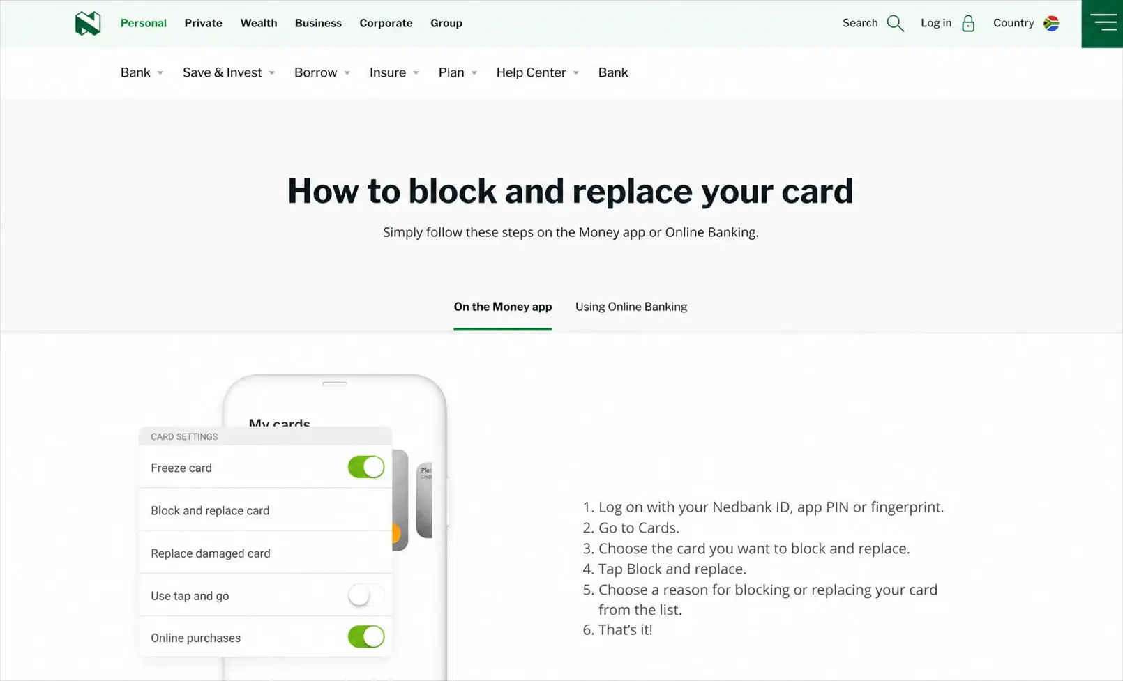A redesigned Nedbank Help Centre article, "How to block and replace your card": tabs for the Money app and Online Banking above a numbered self-service walkthrough.