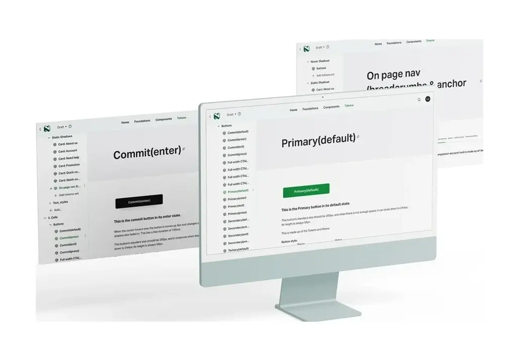 Component documentation built on the tokens: the commit button in its enter state, and the primary button with the sizing and height rules that its tokens and mixins encode.