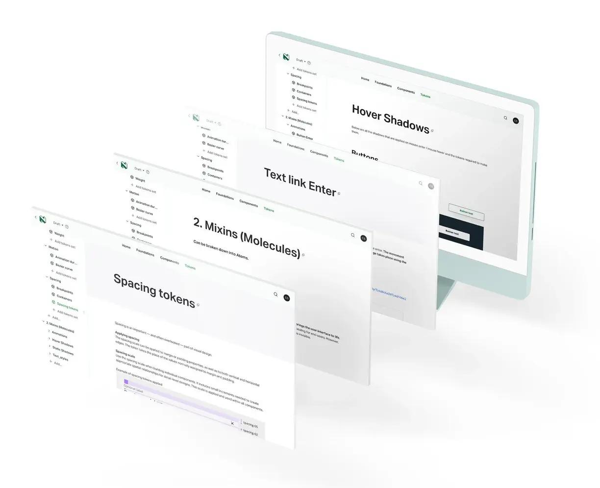 The token documentation site layered in perspective across four screens and a desktop monitor: spacing tokens, mixins, text-link and hover-shadow entries, each with the token set that produces it.
