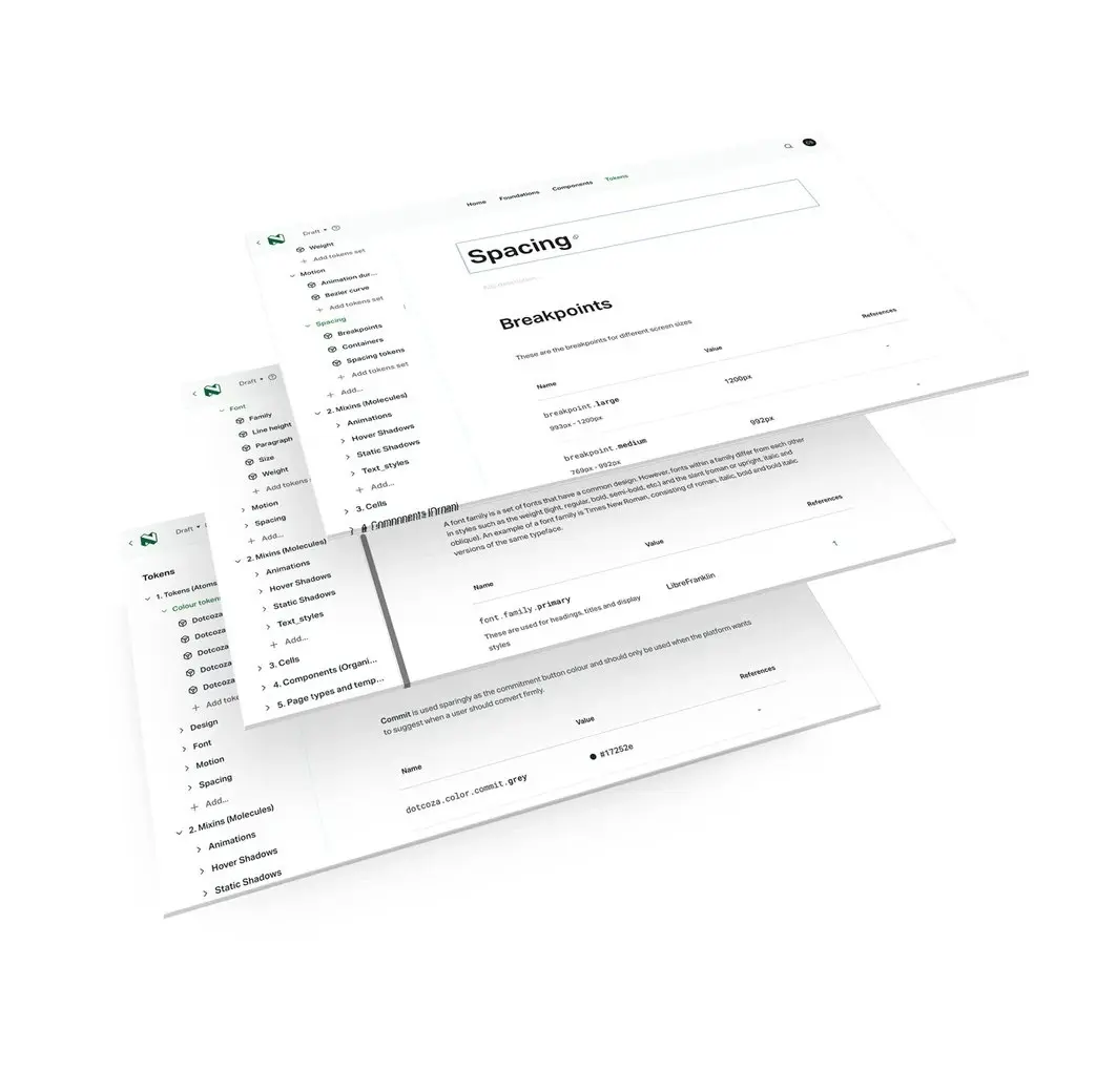 Three pages of the token documentation laid out in perspective: the spacing scale with its breakpoint values, the type tokens naming LibreFranklin as the primary family, and a colour token entry for dotcoza.color.commit.grey.