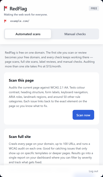 RedFlag browser extension popup on the free plan, offering a single-page scan and a full-site crawl of up to 100 URLs.