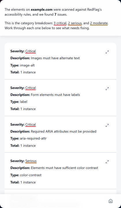 RedFlag scan results listing accessibility violations, each with its severity, description and rule type.
