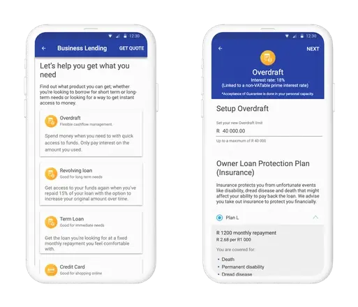 Two app screens: the business lending product picker explaining overdraft, revolving loan, term loan and credit card, and the overdraft setup screen with its limit, interest rate and owner loan protection plan.