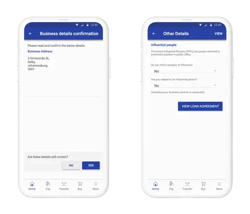Two app screens from the same journey: confirming the registered business address, and declaring prominent influential persons before the loan agreement can be viewed.