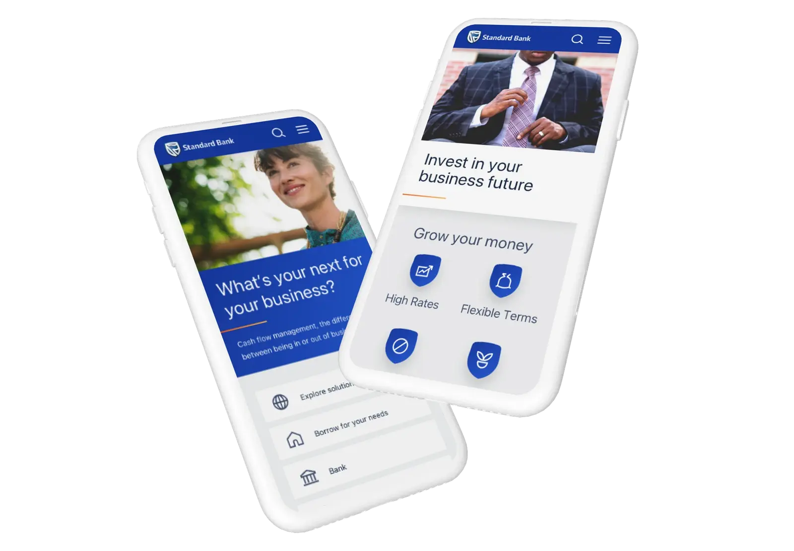 Two phones showing the Standard Bank business app: "What's your next for your business?" with shortcuts to explore, borrow and bank, and an "Invest in your business future" page listing high rates, flexible terms and capital guarantee.